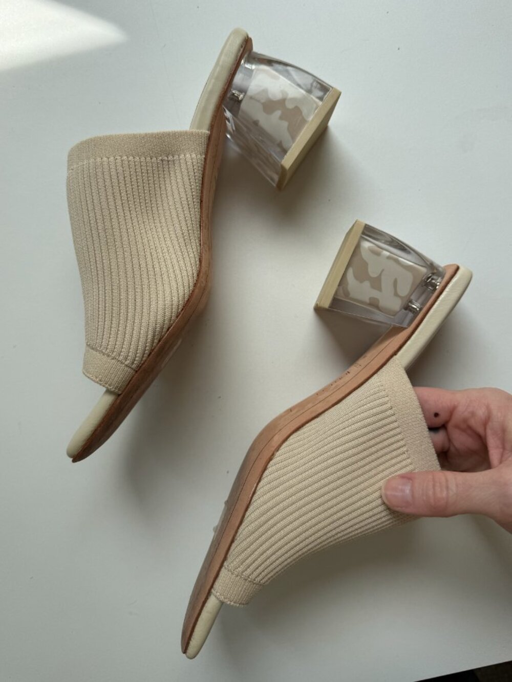 Deltan Frankie Stretch Knit Molded Block Heel Sandals. Approx. 2.2” heel.